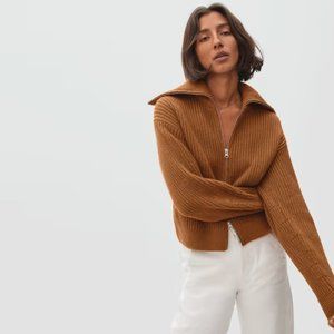 Everlane Zip-Front Chunky Knit Cardigan Sweater - Caramel Brown